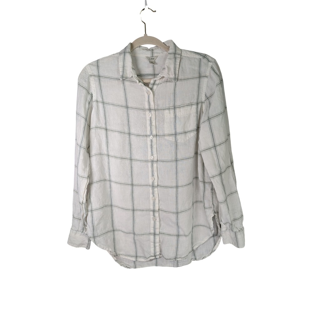LL Bean 100% Linen Top Women S White Green Windowpane Plaid